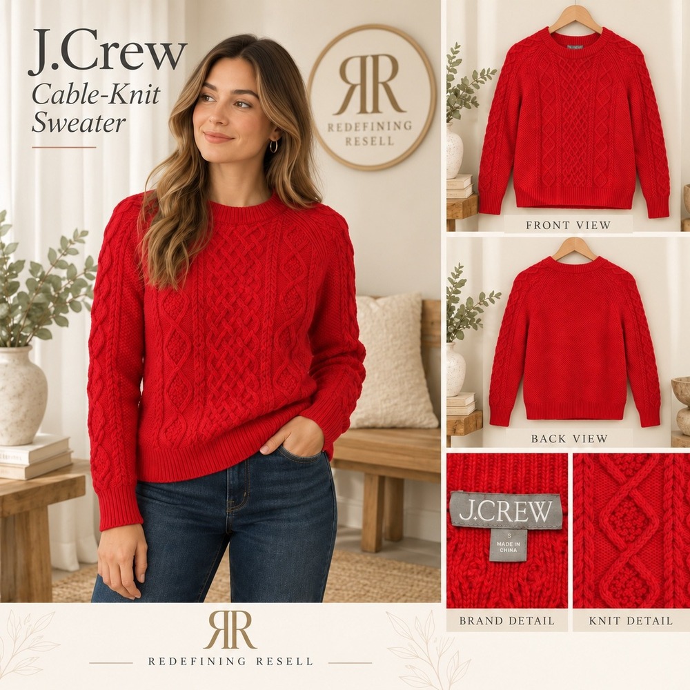 J.Crew Womens Red Cable Knit 100% Cotton Crewneck Sweater Size S Raglan Sleeve